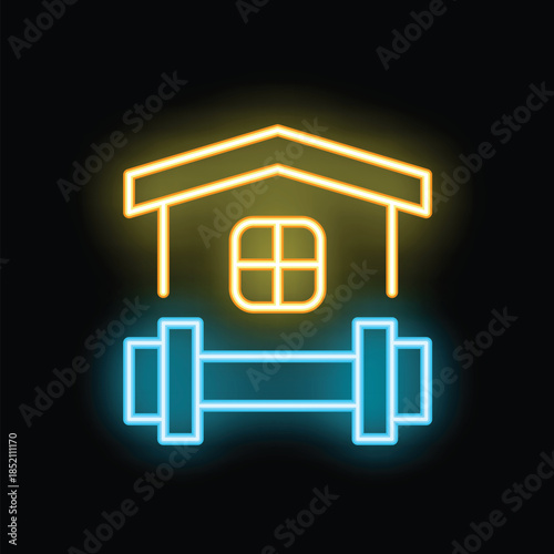 Neon icon of house standing on a dumbbell representing the concept of staying fit at home