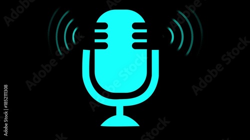 Cyan Microphone Icon with Sound Waves on animation Black Background audio voice. Animated black background with cyan microphone and expanding sound wave rings audio voice symbol.