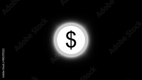 Glowing Dollar Sign Icon on animation White Circle Against Black Background With Subtle Light Effect. Neon dollar sign within a white circular glow on black animation background money finance.