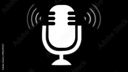 Animation White Microphone Icon with Sound Waves on Black Background audio voice. Glowing white microphone with pulse sound waves on dark animation background audio icon.