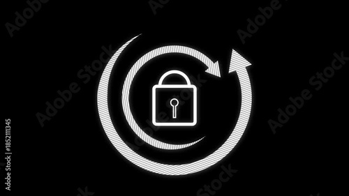 Animation White Outline of a Padlock Icon within Circular Arrows on Black Background security safety. Outline padlock animation with spinning arrow circle representing constant data protection.