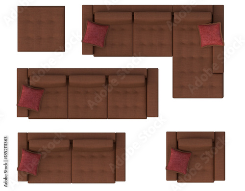 Konstfotografi Top view of modern brown furniture set, including sectional sofa, armchair, and