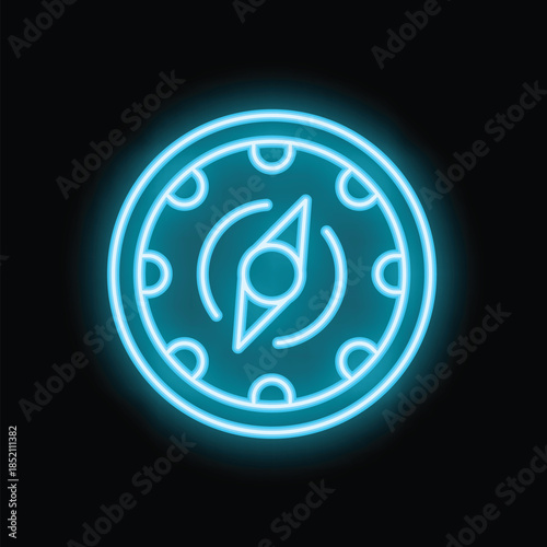 Neon blue compass is showing the direction with its magnetic needle