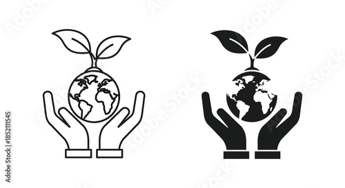 Hands cradling a globe with sprouting leaves representing global ecology and care silhouette