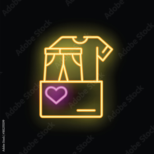 Neon glowing icon of clothing donation with a heart symbol representing charity and support for those in need