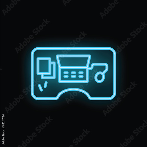 Bright blue neon icon of a game console glowing on a black background