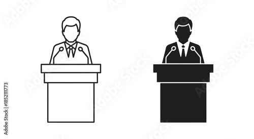 Two men at podiums one outlined and one solid presenting a clear visual contrast silhouette