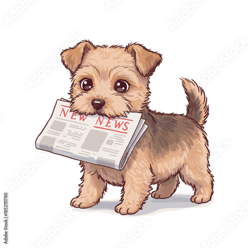 Adorable Terrier Puppy Delivering Newspaper with Big Eyes.