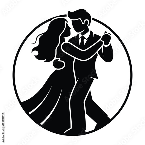 Couple dancing elegantly within a circular frame