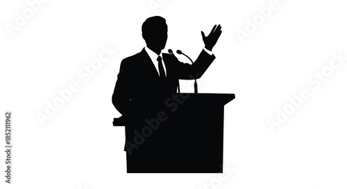 A formal speaker giving a speech at a podium with raised hand a striking silhouette