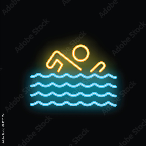Neon sign of a swimmer swimming in the sea with waves at night
