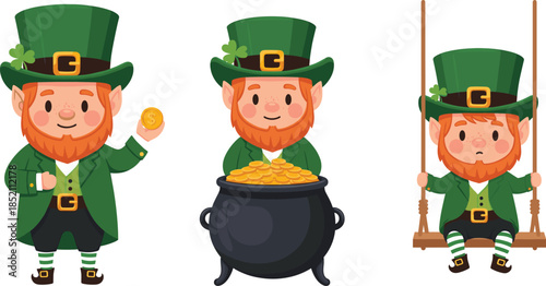 Cute leprechaun character set for Saint Patricks Day including lucky clover gold coin pot of gold and swing isolated on white background.