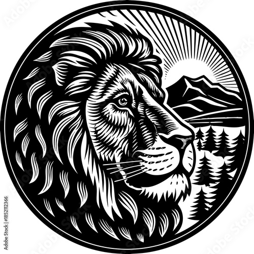 A majestic lion's head gazes into the distance, surrounded by serene mountains and trees under a radiant sun in a circular illustration