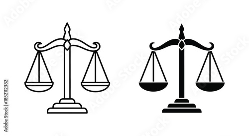 Two depictions of scales of justice a symbol of fairness and legal balance silhouette