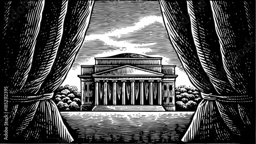 A grand neoclassical building revealed through parted curtains under a dramatic sky