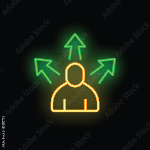 Neon sign depicting a person with arrows pointing up, symbolizing career progression and self improvement