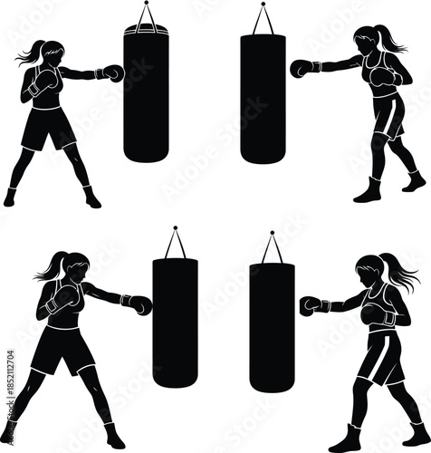 Set of female boxer silhouettes training with heavy punching bags and speed bags isolated on white background for sports fitness and martial arts gym design.