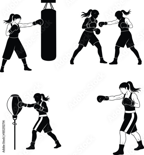 Set of female boxer silhouettes practicing boxing training with punching bag and sparring partner icons isolated on white background for sports fitness design.