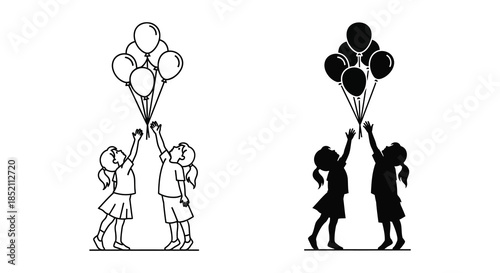 Children reaching for floating balloons a cheerful scene rendered as a striking silhouette