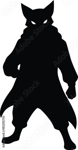 Mysterious black silhouette of an anthropomorphic fox warrior character wearing a long trench coat and scarf standing in a powerful pose for gaming and mascot design.