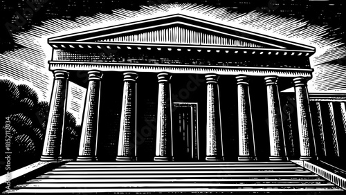 A grand neoclassical building with columns stands majestically at night with stairs leading up to the entrance