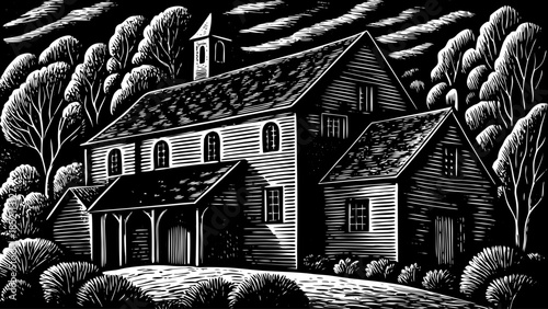 A serene black and white illustration of a house surrounded by trees at night from a front viewpoint.