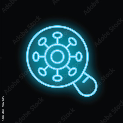 Blue neon icon representing the concept of virus research with a magnifying glass inspecting a virus cell