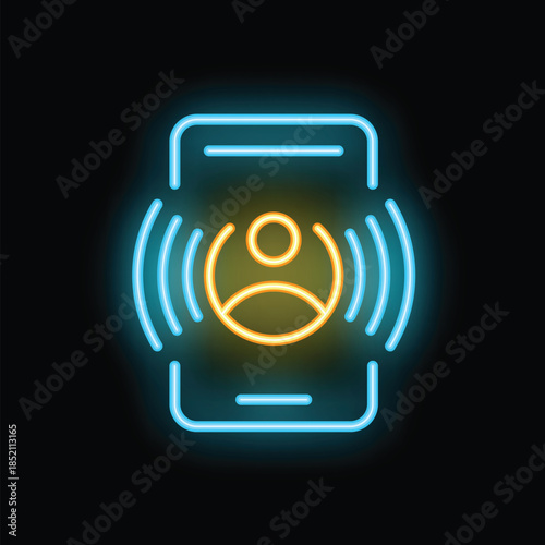 Neon illustration of a smartphone emitting radio waves and displaying a user profile, representing mobile communication and user data transmission