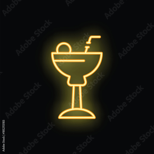 Neon sign of a cocktail glass with a straw and ice is glowing on a black background