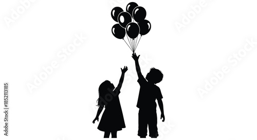 Children reaching for floating balloons a joyful scene captured in dark silhouette