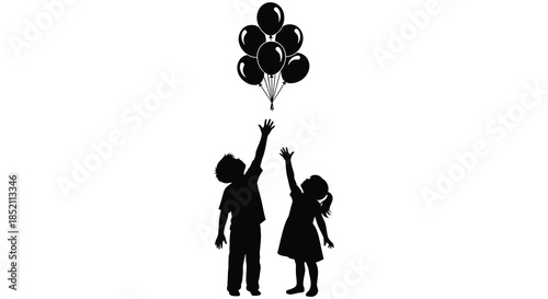 Children reaching for floating balloons a heartwarming scene rendered as a striking silhouette