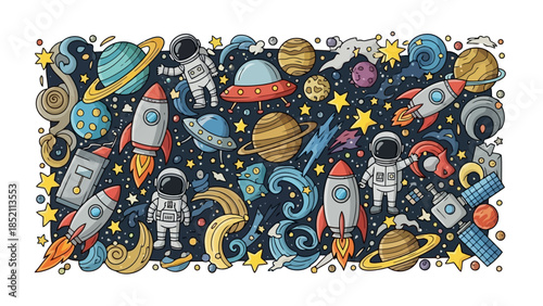 Vibrant Space Exploration Doodle Vector Illustration with Planets and Rockets