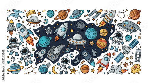 Vibrant Space Exploration Doodle Vector Illustration with Planets and Rockets