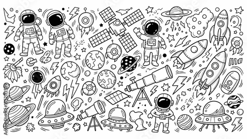 Space Exploration Doodle Vector Illustration with Astronauts and Rockets