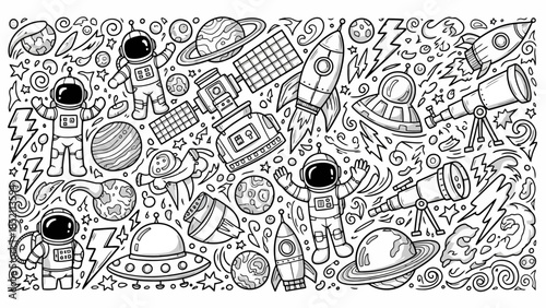 Space Exploration Doodle Vector Illustration with Astronauts and Rockets