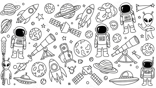 Space Exploration Doodle Vector Illustration with Astronauts and Rockets