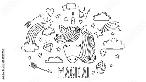 Magical Unicorn with Doodle Elements in Vector Illustration