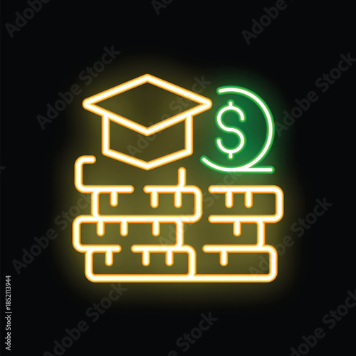Neon sign illustrating the rising cost of education with a graduation hat on top of a stack of coins and a rising dollar symbol