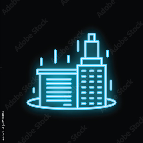 Glowing neon icon of city buildings sinking into a hole in the ground