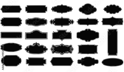 Collection of black silhouette decorative frames and labels with various ornate shapes and elegant borders.