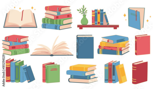 A collection of colorful cartoon books in various arrangements, including stacks, open books, and books on a shelf, against a white background.