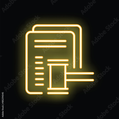 Bright yellow neon icon of a judge's gavel striking on legal documents, representing law, justice, and legal decisions
