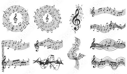 A collection of diverse musical note arrangements and clefs, forming decorative graphic elements for design projects and artistic compositions.