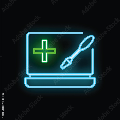 Glowing neon icon representing online medical consultation with a laptop and a syringe