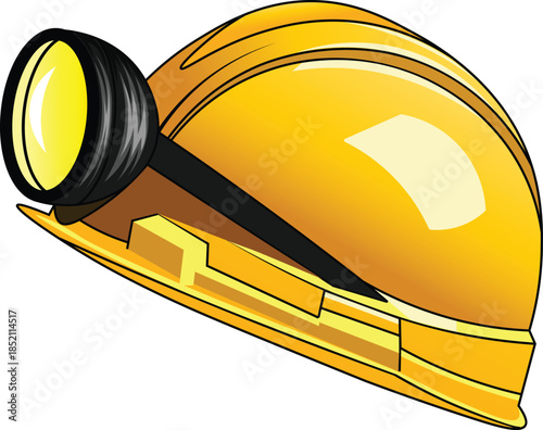 Yellow construction helmet with a torch fixed to the front side view vector illustration. Miners helmet with a torch vector. 