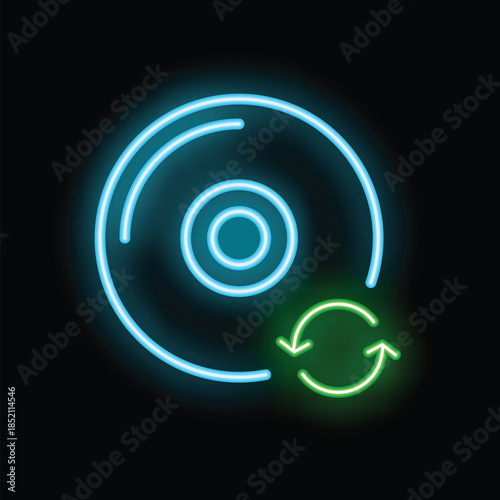 Blue and green neon icon of a compact disc with a refresh symbol on a black background, representing looping media