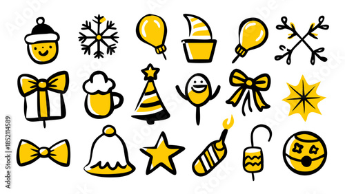 Assorted yellow cartoon shapes and symbols
