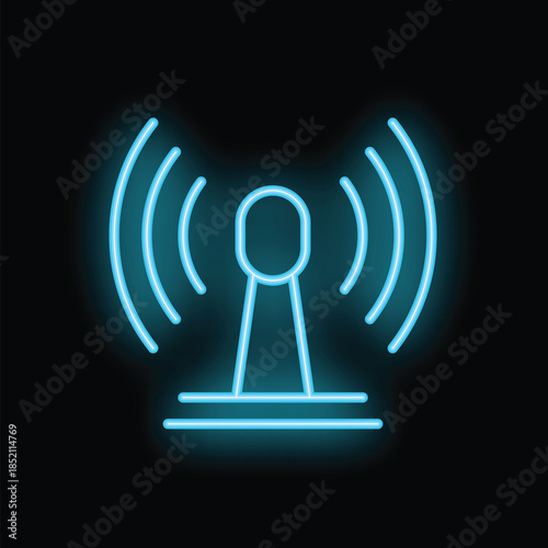 Bright blue neon sign in the shape of a wifi hotspot is emitting a wireless signal on a black background