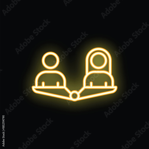 Neon sign representing the concept of gender equality with a man and a woman balancing on a seesaw