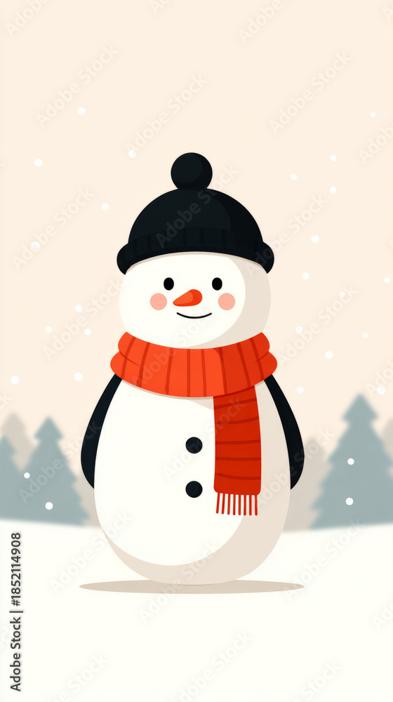 Fototapeta premium Smiling snowman with red scarf and winter hat in snowy landscape